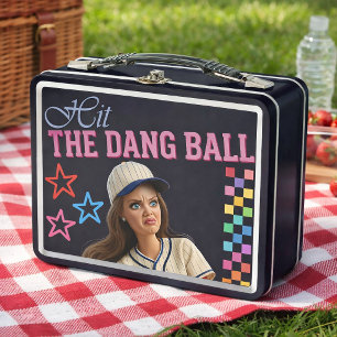 Hit The Dang Ball Funny Baseball Mom Doll Face Metal Lunch Box