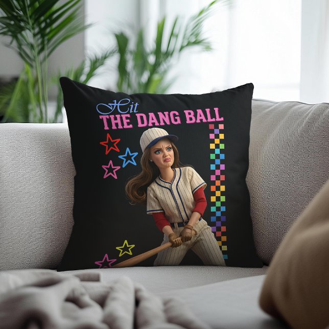 Hit The Dang Ball Funny Baseball Mom Doll Face Throw Pillow (Creator Uploaded)