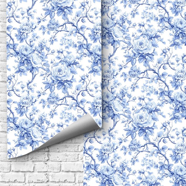 Hit Traditional Blue Toile Roses Floral Wallpaper Wallpaper (Traditional Blue Toile Roses Floral Wallpaper Design)