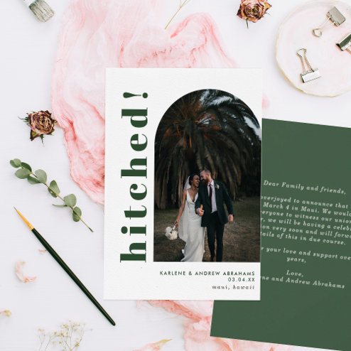 Wedding announcements - Pink Dramatic personalized gifts for you Hitched arch photo typography wedding elopement announcement