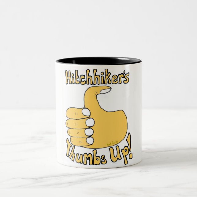 Hitchhiker's Thumbs Up Funny Cartoon Mug (Center)