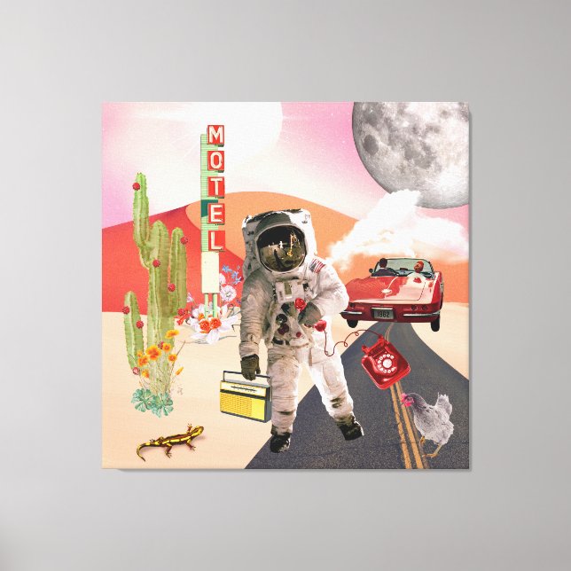 Hitchhiking Astronaut Surreal Collage Canvas Print (Front)