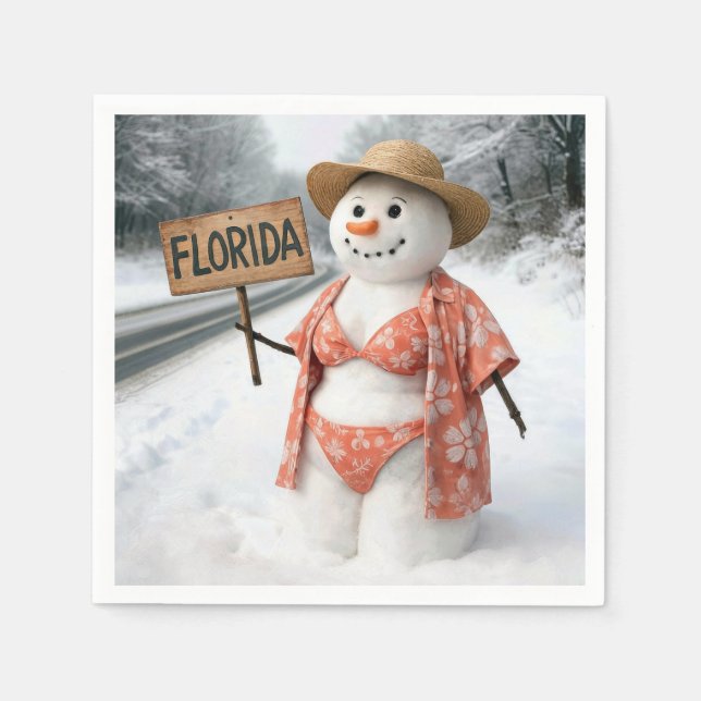 Hitchhiking Lady Snowman With Florida Sign Napkins (Front)