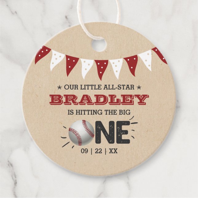 Hitting The Big One | Baseball 1st Birthday Favor Tags (Front)