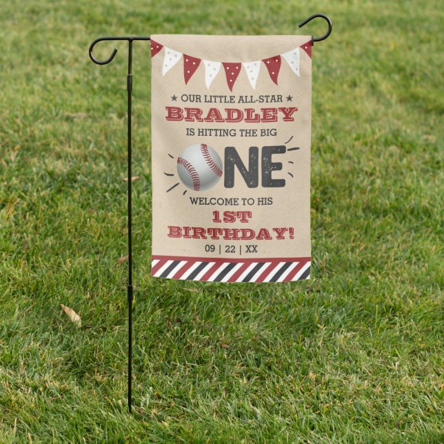 Hitting The Big One | Baseball 1st Birthday Garden Flag (In SItu)