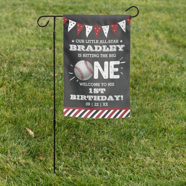 Hitting The Big One | Baseball 1st Birthday Garden Flag (In SItu)
