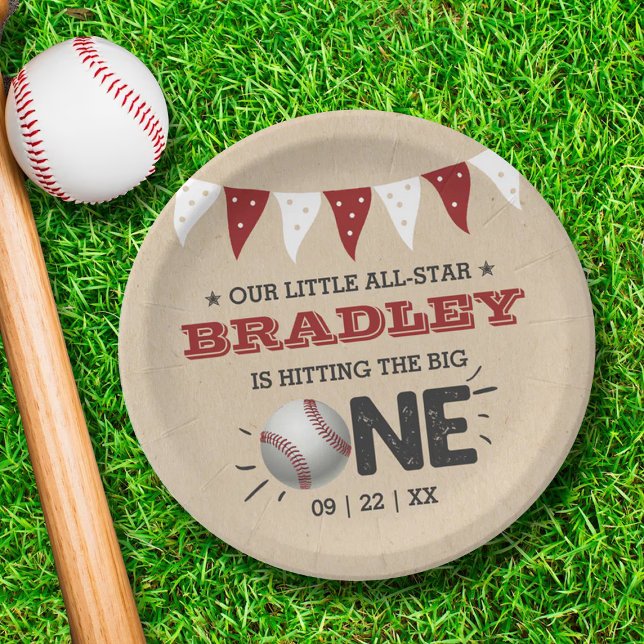 Hitting The Big One | Baseball 1st Birthday Paper Plates (Creator Uploaded)