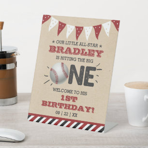 Hitting The Big One Baseball 1st Birthday Pedestal Sign