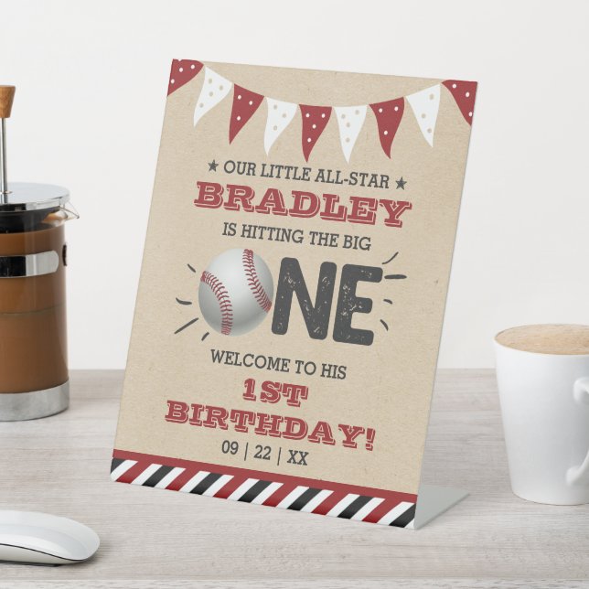 Hitting The Big One | Baseball 1st Birthday Pedestal Sign (In SItu)