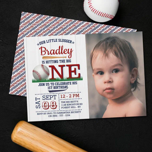 Hitting The Big One Baseball 1st Birthday Photo Invitation | Zazzle