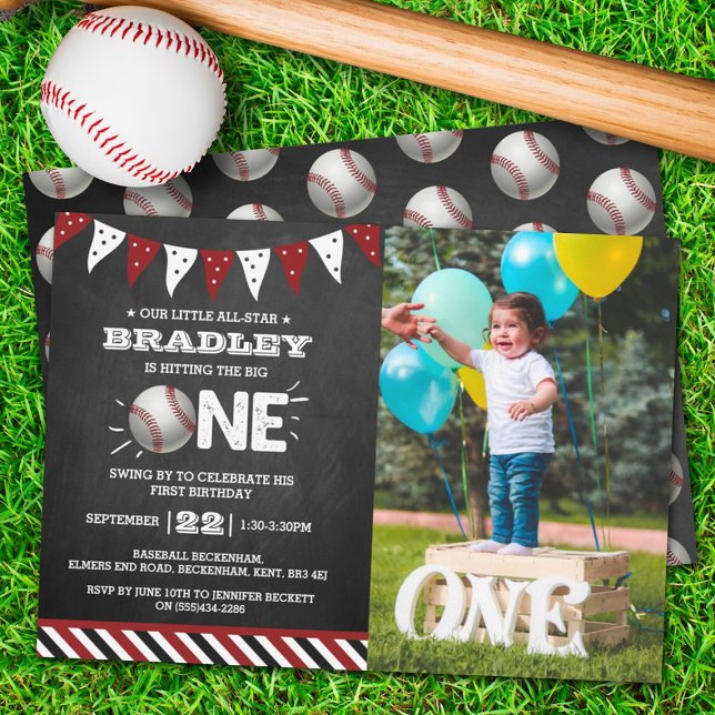 Hitting The Big One | Baseball 1st Birthday Photo Invitation (Creator Uploaded)