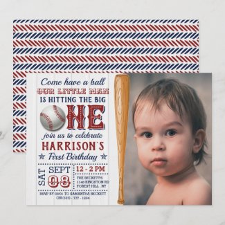 Hitting The Big One Baseball 1st Birthday Photo Invitation