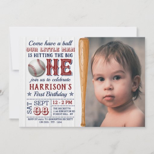 Hitting The Big One Baseball 1st Birthday Photo Invitation | Zazzle