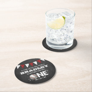 Hitting The Big One Baseball 1st Birthday Round Paper Coaster
