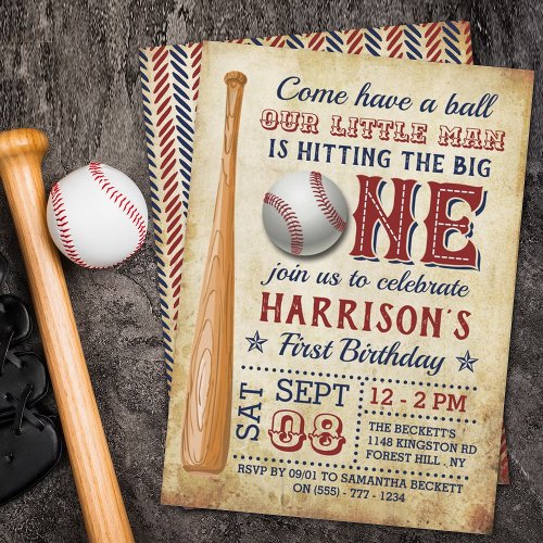 Hitting The Big One Vintage Baseball 1st Birthday Invitation