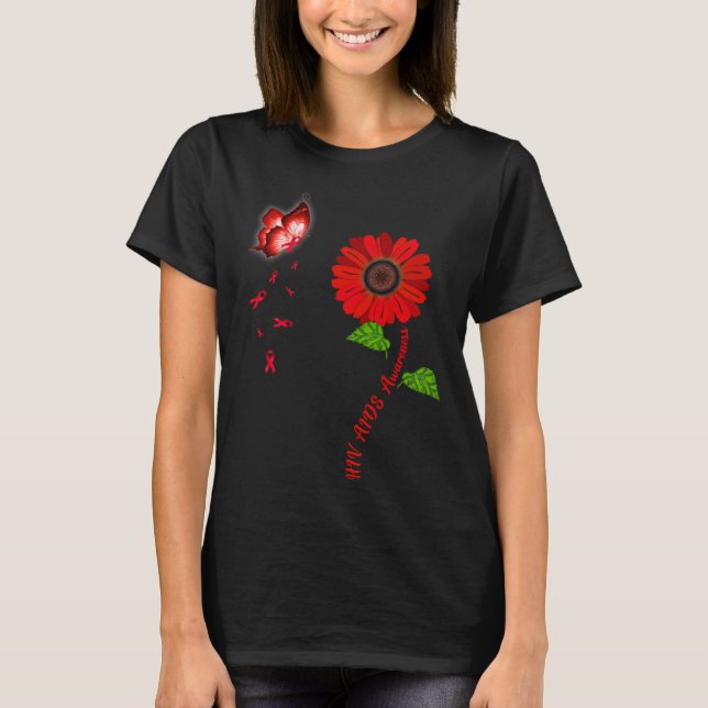 HIV Aids Awareness Red Butterfly Sunflower Ribbon T-Shirt (Front)
