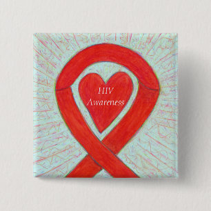 HIV Awareness Heart Ribbon Custom Art Pin