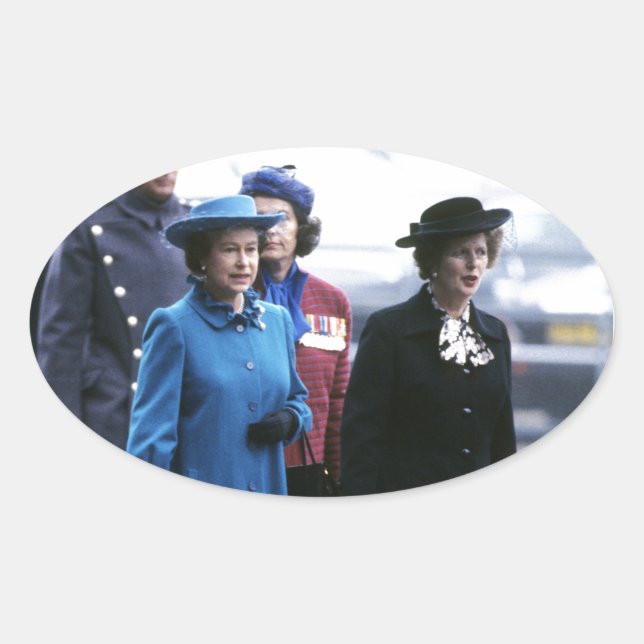 HM Queen Elizabeth II-Margaret Thatcher Oval Sticker (Front)