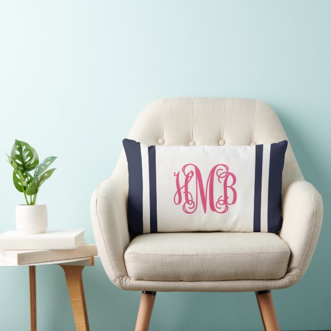 HMB Navy and Pink Preppy Stripe Script Monogram Lumbar Pillow (Chair)