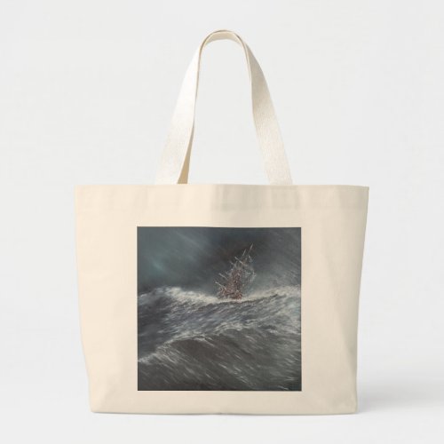 HMS Beagle in a storm off Cape Horn Large Tote Bag
