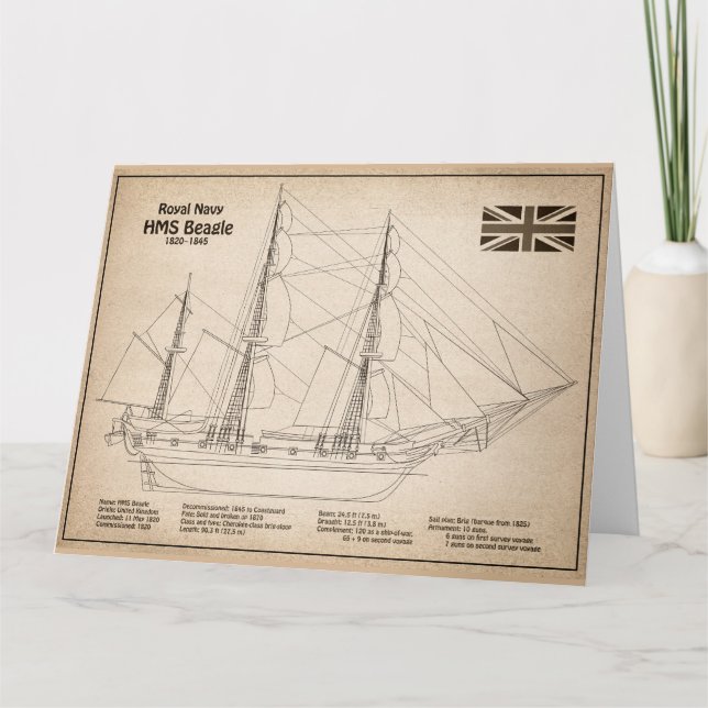 HMS Beagle Tall Ship - Ship Blueprint SD Thank You Card (Front)