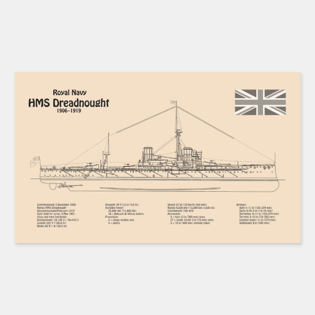HMS Dreadnought - Ship Blueprint SD Rectangular Sticker (Front)