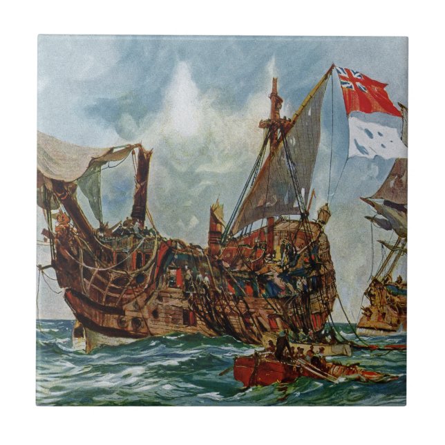 HMS Nottingham and battleship Mars 1703 Ceramic Tile (Front)