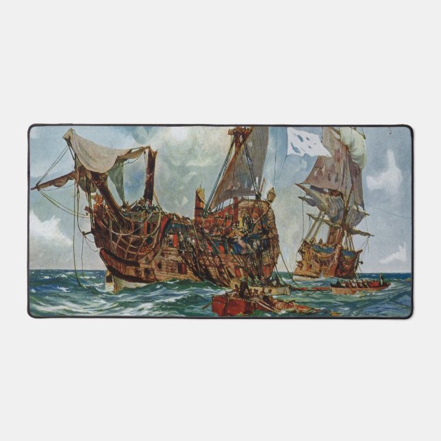 HMS Nottingham and battleship Mars 1703 Desk Mat (Front)