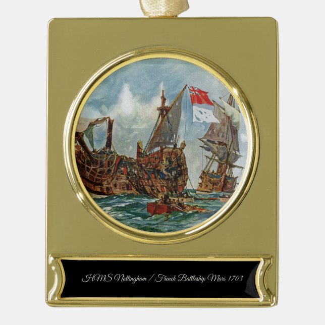 HMS Nottingham French Battleship Mars 1703 Gold Plated Banner Ornament (Front)