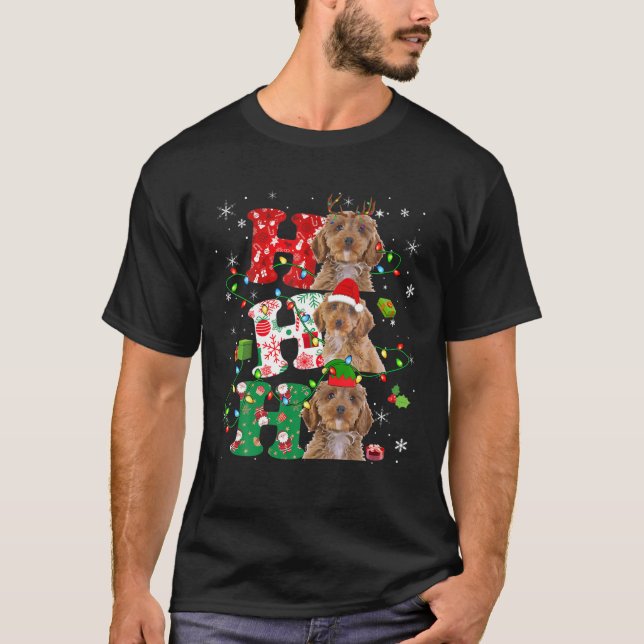 Ho3 Christmas Lights Santa Elf Reindeer Cockapoo T-Shirt (Front)