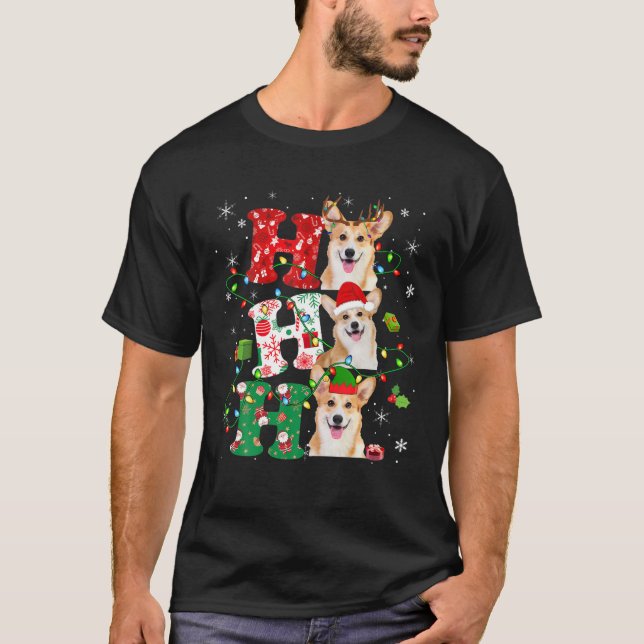 Ho3 Christmas Lights Santa Elf Reindeer Corgi T-Shirt (Front)