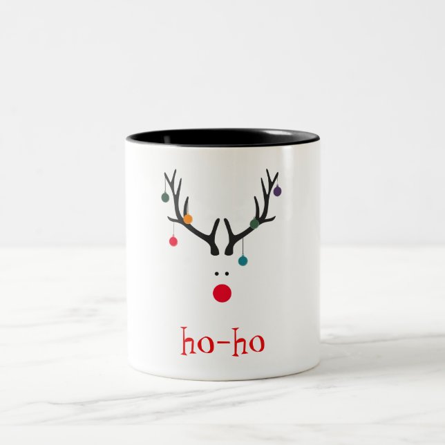 Ho ho funny cute minimalist Rudolph reindeer Two-Tone Coffee Mug (Center)