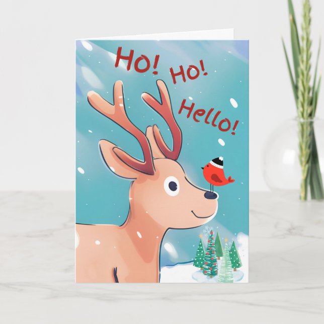 Ho Ho Hello Christmas Cute Baby Deer in the Snow Card (Front)