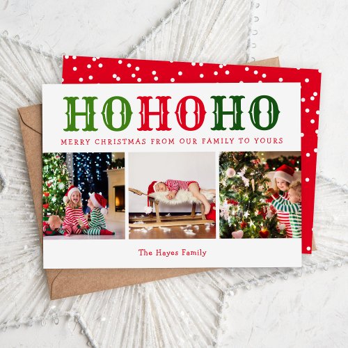 Ho Ho Ho  3 Photo Collage Editable Colors Flat Holiday Card