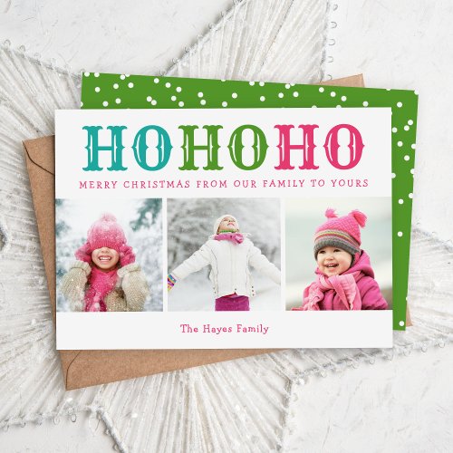 Ho Ho Ho  3 Photo Collage Editable Colors Flat Holiday Card