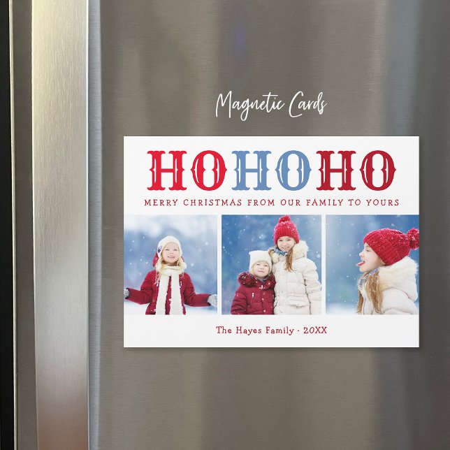 Ho Ho Ho | 3 Photo Collage Magnetic Holiday Card (Creator Uploaded)
