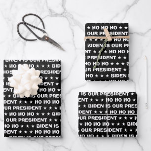 HO HO HO ★ ★ ★ BIDEN IS OUR PRESIDENT Custom Black Wrapping Paper Sheets
