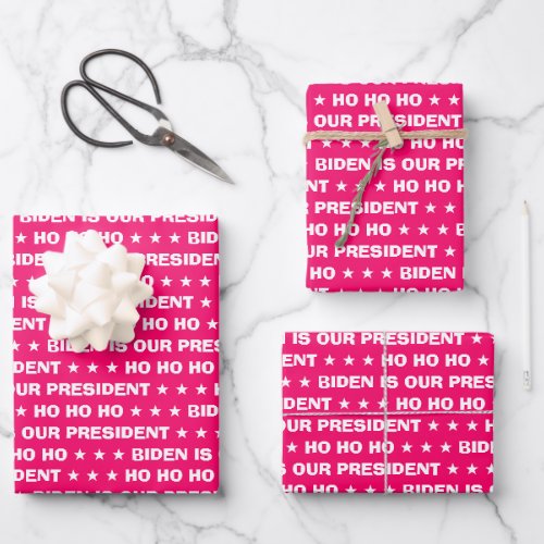 HO HO HO â â â BIDEN IS OUR PRESIDENT Hot Pink Wrapping Paper Sheets