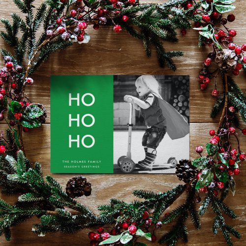 Ho Ho Ho  Bright Green Christmas Cheer Photo Holiday Card