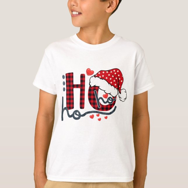Ho ho Ho Buffalo Red Plaid Santa Hat Christmas Fun T-Shirt (Front)