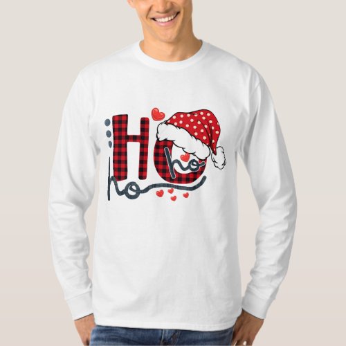 Ho ho Ho Buffalo Red Plaid Santa Hat Christmas Fun T_Shirt