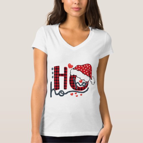 Ho ho Ho Buffalo Red Plaid Santa Hat Christmas Fun T_Shirt