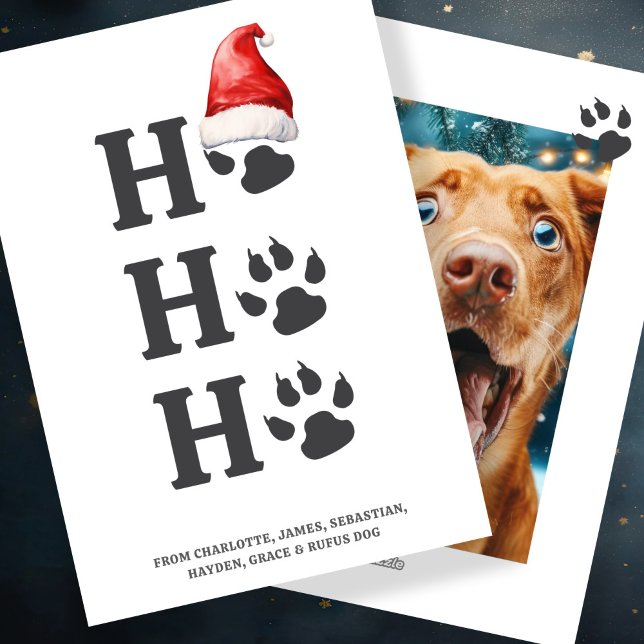 Ho Ho Ho Christmas Dog Paw Personalized Holiday Card (Ho Ho Ho Christmas Dog Paw Personalized Holiday Card by Ricaso. Fun pet themed with Santa Hat detail)