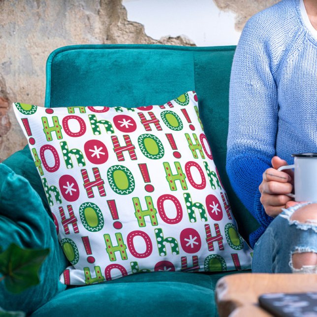 Ho Ho Ho Christmas Fun Modern Red Green Pattern Throw Pillow (Creator Uploaded)