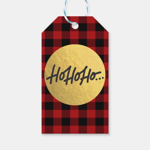 HO HO HO Christmas Holiday Red Buffalo Plaid Gold Gift Tags
