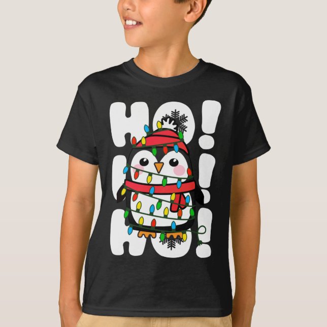 Ho Ho Ho Christmas Lights Cute Penguin T-Shirt (Front)