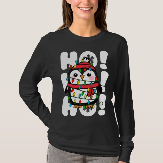 Ho Ho Ho Christmas Lights Cute Penguin T-Shirt (Front)