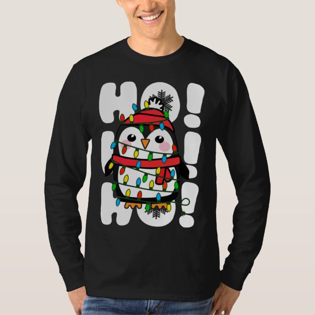 Ho Ho Ho Christmas Lights Cute Penguin T-Shirt (Front)