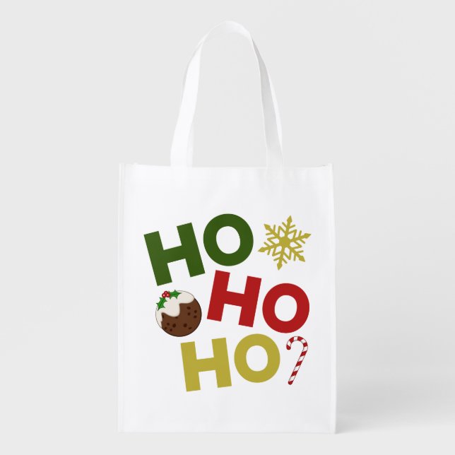 HO HO HO+Christmas Pudding, Candy, Snowflake Grocery Bag (Front)
