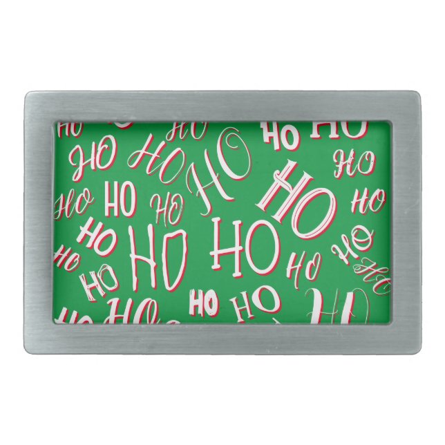 HO HO HO Christmas text pattern white green red Belt Buckle (Front)